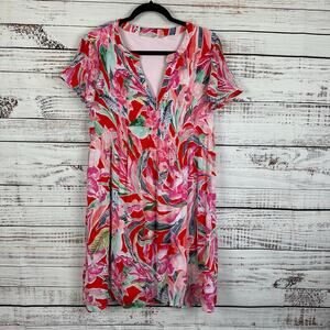 Womens Sunny Leigh Red Pink Floral V Neck Midi Flowy Lined Short Sleeve Dress M
